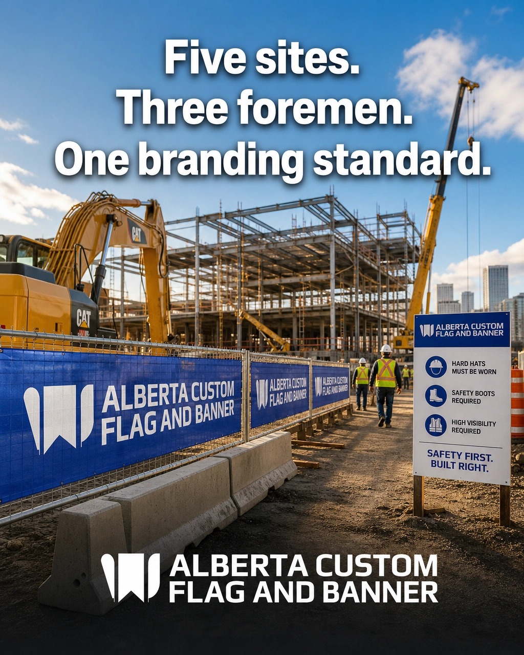 Construction company branding display with custom tent, feather flags, table cover, signage, and promotional products, demonstrating consistent branding across multiple job sites and events. Alberta Custom Flag & Banner promotes standardized branding programs for growing construction companies.